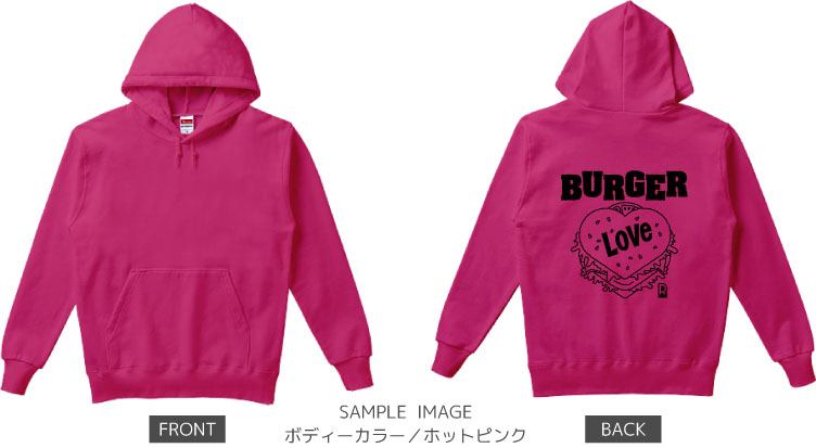 ハート&ハンバーガーデザイン:ブラック:パーカー:サンプル写真:ホットピンク