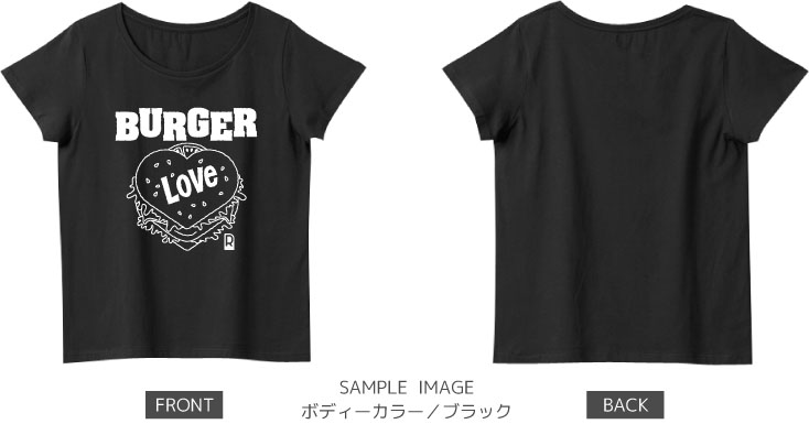 ハート&ハンバーガーデザイン:ホワイト:レディースTシャツ:サンプル写真:ブラック
