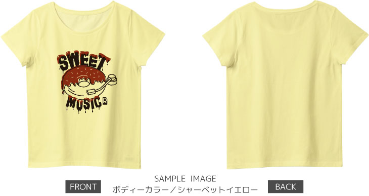 ドーナツ×レコードデザイン:ブラック×ブラウン:レディースTシャツ:サンプル写真:シャーベットイエロー