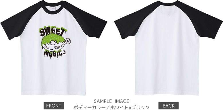 ドーナツ×レコードデザイン:ブラック×グリーン:ラグランTシャツ:サンプル写真:ホワイト×ブラック