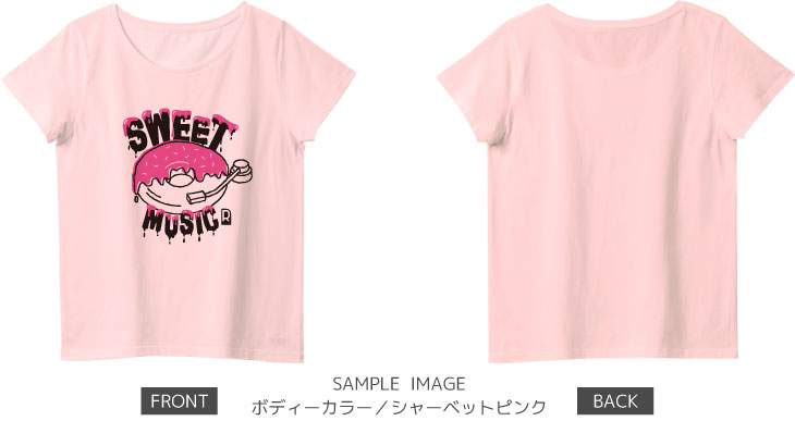 ドーナツ×レコードデザイン:ブラック×ピンク:レディースTシャツ:サンプル写真:シャーベットピンク