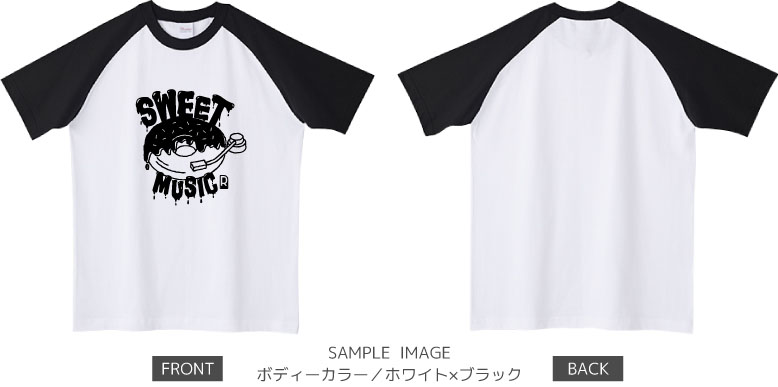 ドーナツ×レコードデザイン:ブラック:ラグランTシャツ:サンプル写真:ホワイト×ブラック