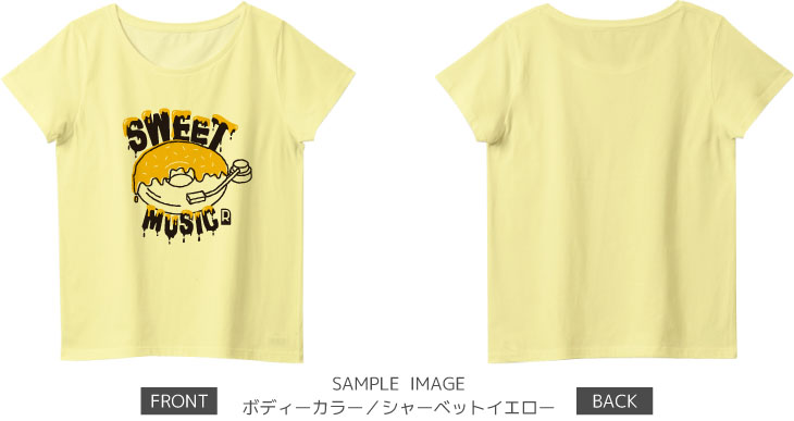 ドーナツ×レコードデザイン:ブラック×イエロー:レディースTシャツ:サンプル写真:シャーベットイエロー
