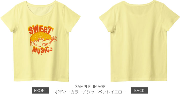 ドーナツ×レコードデザイン:イエロー×オレンジ:レディースTシャツ:サンプル写真:シャーベットイエロー