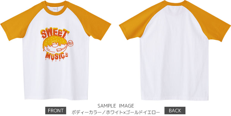 ドーナツ×レコードデザイン:イエロー×オレンジ:ラグランTシャツ:サンプル写真:ホワイト×ゴールドイエロー