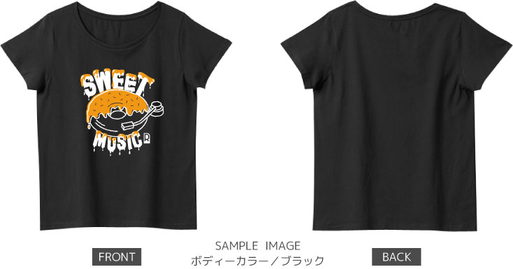 ドーナツ×レコードデザイン:ホワイト×イエロー:レディースTシャツ:サンプル写真:ブラック