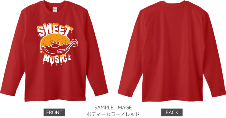 ドーナツ×レコードデザイン:ホワイト×イエロー:ロングTシャツ:サンプル写真:レッド