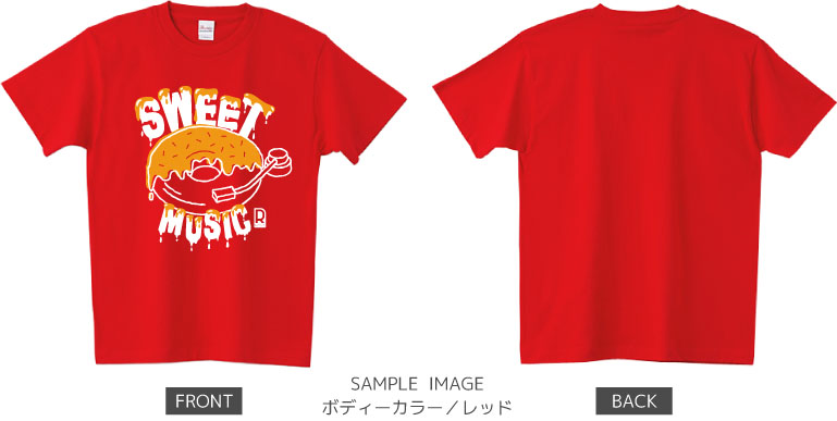 ドーナツ×レコードデザイン:ホワイト×イエロー:Tシャツ:サンプル写真:レッド